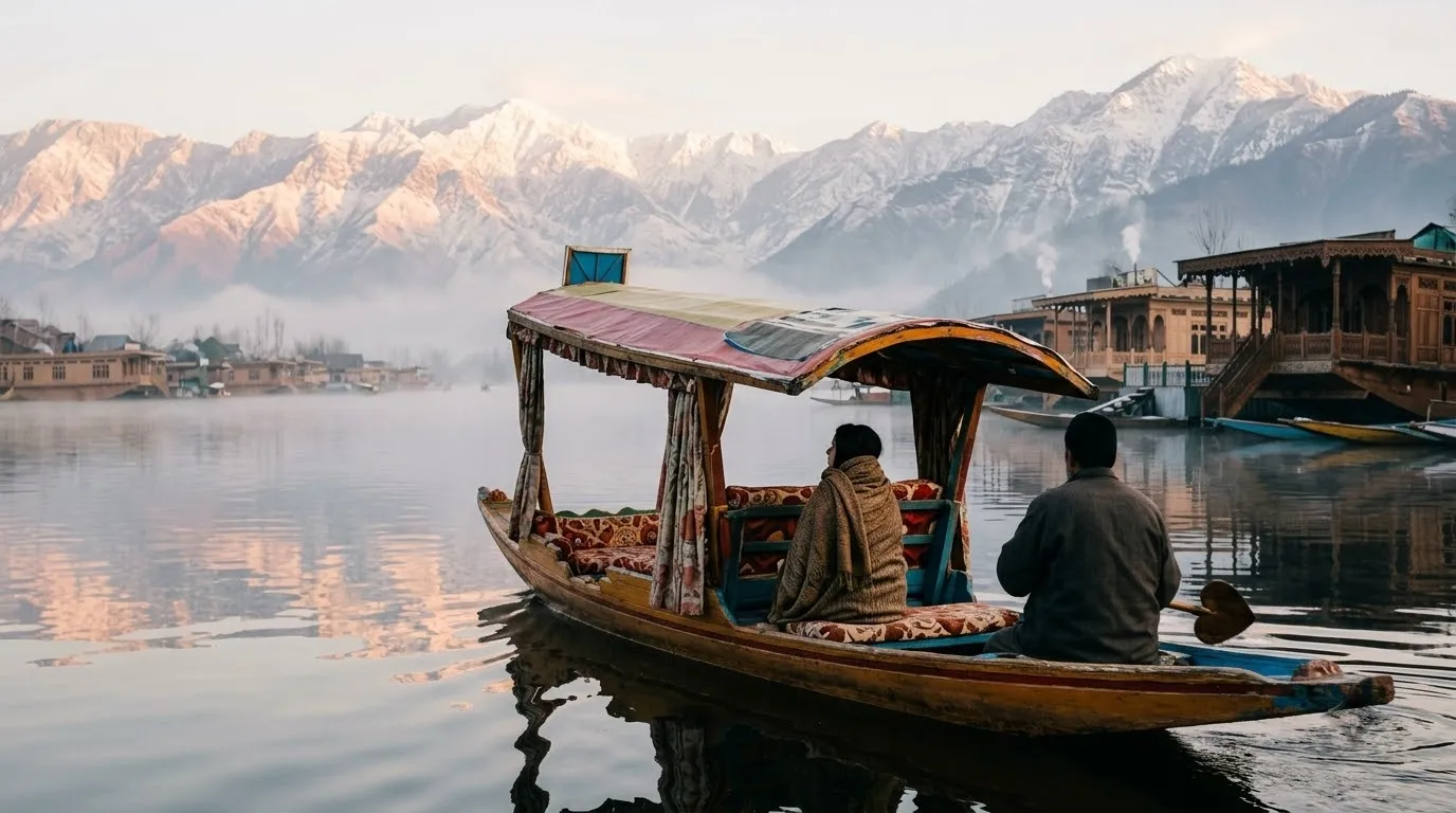 Shikara on Dal Lake at sunrise, Kashmir