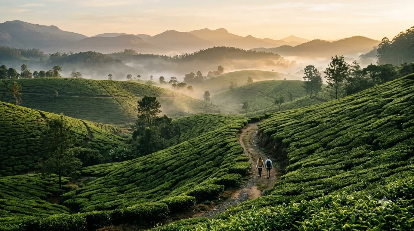 Tea estates in morning mist, Munnar, Kerala